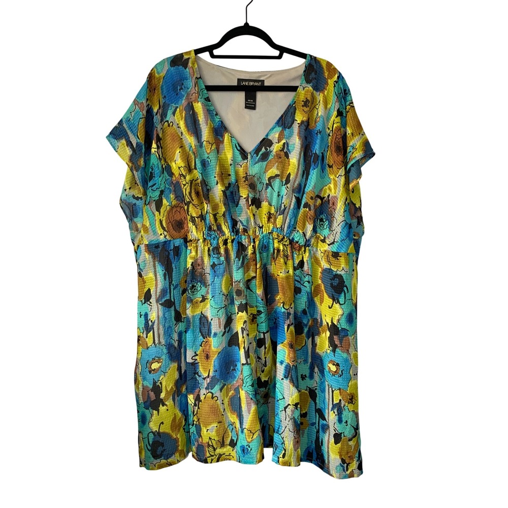 Lane Bryant Floral Print Sheer Dress Blue Yellow‎ Short Sleeve Plus Size